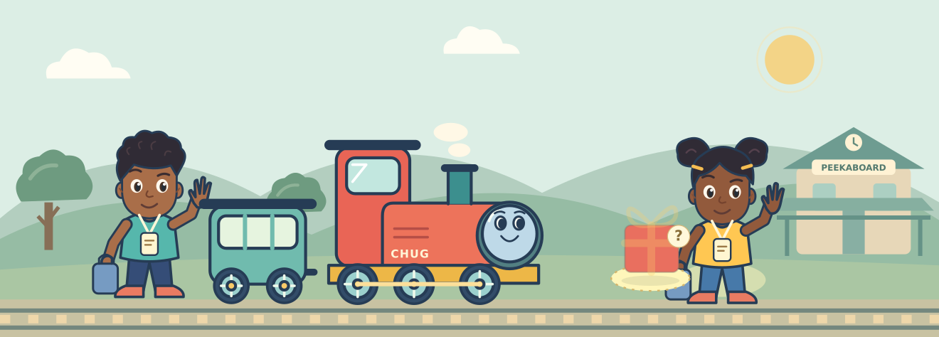 Kai is ready for a journey with Chug, a red train, at a sunny station.